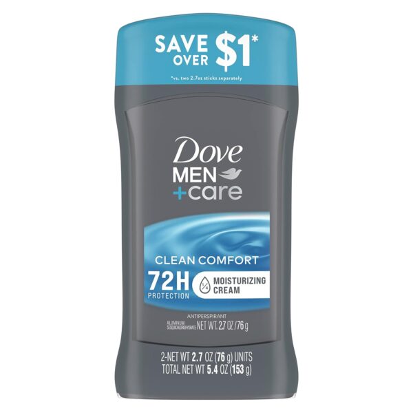 Dove Men+Care Antiperspirant Deodorant Stick Clean Comfort Twin Pack 72-Hour Sweat & Odor Protection Antiperspirant for Men With 1-4 Moisturizing Cream 2.7 oz