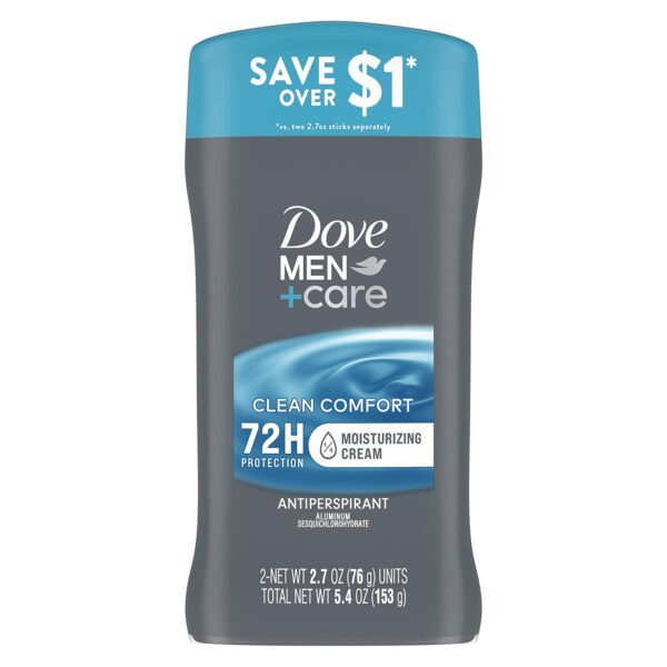 Dove Men+Care Antiperspirant Deodorant Stick Clean Comfort Twin Pack 72-Hour Sweat & Odor Protection Antiperspirant for Men With 1-4 Moisturizing Cream 2.7 oz