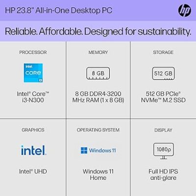 HP 23.8 inch All-in-One Desktop PC, FHD Display, Intel Core i3-N300, 8 GB RAM, 512 GB SSD, Intel UHD Graphics, Windows 11 Home, 24-cr004