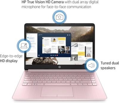 HP Portable Laptop (Include 1 Year Microsoft 365), 14’’ HD Display, 8GB RAM, 64GB eMMC, Intel Quad-Core N4120, Student and Business, Webcam, HDMI, Wi-Fi, RJ-45, Windows 11 Home, Pink