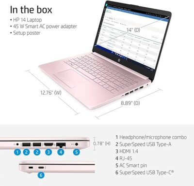 HP Portable Laptop (Include 1 Year Microsoft 365), 14’’ HD Display, 8GB RAM, 64GB eMMC, Intel Quad-Core N4120, Student and Business, Webcam, HDMI, Wi-Fi, RJ-45, Windows 11 Home, Pink