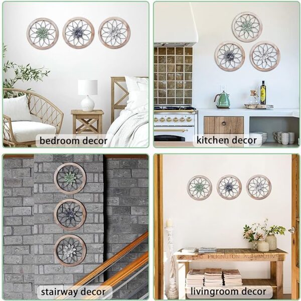 3 Piece Round Farmhouse Wall Decor with 6 Piece Interchangeable Flowers 12'' Medallion Wood & Metal Rustic Wall Art for Living Room Bedroom Kitchen Bathroom Dining Room Home Decorations