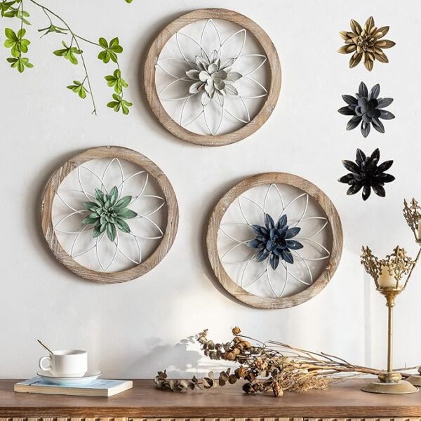 3 Piece Round Farmhouse Wall Decor with 6 Piece Interchangeable Flowers 12'' Medallion Wood & Metal Rustic Wall Art for Living Room Bedroom Kitchen Bathroom Dining Room Home Decorations