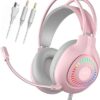 Anivia G1 Pink Gaming Headset for PS4, PS5, Xbox One, PC, Switch, Wired Over-Ear Headphone with Noise Isolation Microphone, Surround Sound Headphone with LED RGB Light