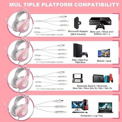 Anivia G1 Pink Gaming Headset for PS4, PS5, Xbox One, PC, Switch, Wired Over-Ear Headphone with Noise Isolation Microphone, Surround Sound Headphone with LED RGB Light