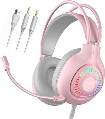 Anivia G1 Pink Gaming Headset for PS4, PS5, Xbox One, PC, Switch, Wired Over-Ear Headphone with Noise Isolation Microphone, Surround Sound Headphone with LED RGB Light