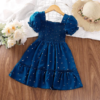 Dress Kids Girls Dark Green Cute Princess Dress 2-6 Years Short Sleeve Dress Square Collar Puff Sleeve Layered Dress blue