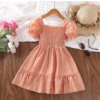 Dress Kids Girls Dark Green Cute Princess Dress 2-6 Years Short Sleeve Dress Square Collar Puff Sleeve Layered Dress cream