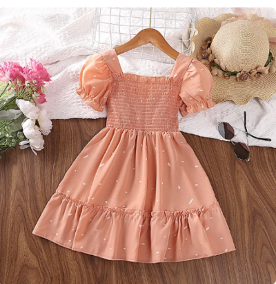 Dress Kids Girls Dark Green Cute Princess Dress 2-6 Years Short Sleeve Dress Square Collar Puff Sleeve Layered Dress cream