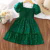 Dress Kids Girls Dark Green Cute Princess Dress 2-6 Years Short Sleeve Dress Square Collar Puff Sleeve Layered Dress green