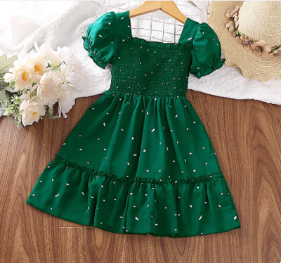 Dress Kids Girls Dark Green Cute Princess Dress 2-6 Years Short Sleeve Dress Square Collar Puff Sleeve Layered Dress green