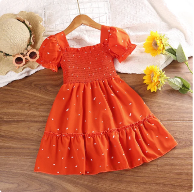 Dress Kids Girls Dark Green Cute Princess Dress 2-6 Years Short Sleeve Dress Square Collar Puff Sleeve Layered Dress orange