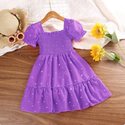 Dress Kids Girls Dark Green Cute Princess Dress 2-6 Years Short Sleeve Dress Square Collar Puff Sleeve Layered Dress purple