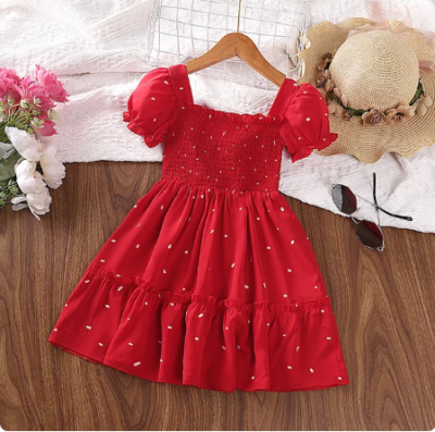 Dress Kids Girls Dark Green Cute Princess Dress 2-6 Years Short Sleeve Dress Square Collar Puff Sleeve Layered Dress red