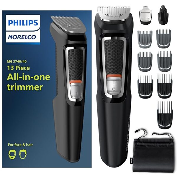 Philips Norelco Multi Groomer All-in-One Trimmer Series 3000-13 Piece Mens Grooming Kit for Beard, Face, Nose, Ear Hair Trimmer and Hair Clipper - NO Blade Oil Needed, MG3740-40