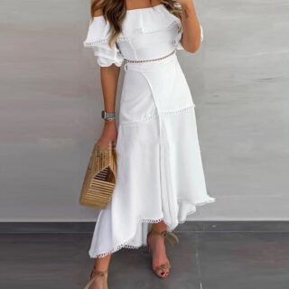Off Shoulder Half Sleeve Ankle-Length Patchwork Pullover Womens Dress
