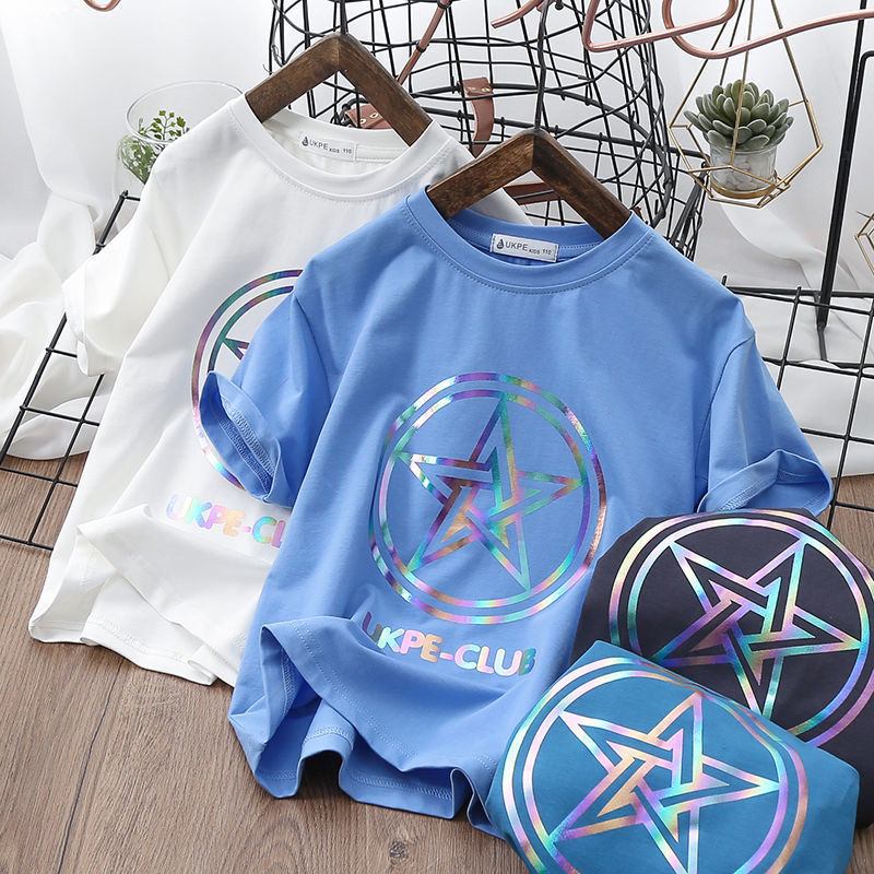 Boys'' Short Sleeve T-shirt Net Red Laser Reflective Cub Children''s Top Fashion