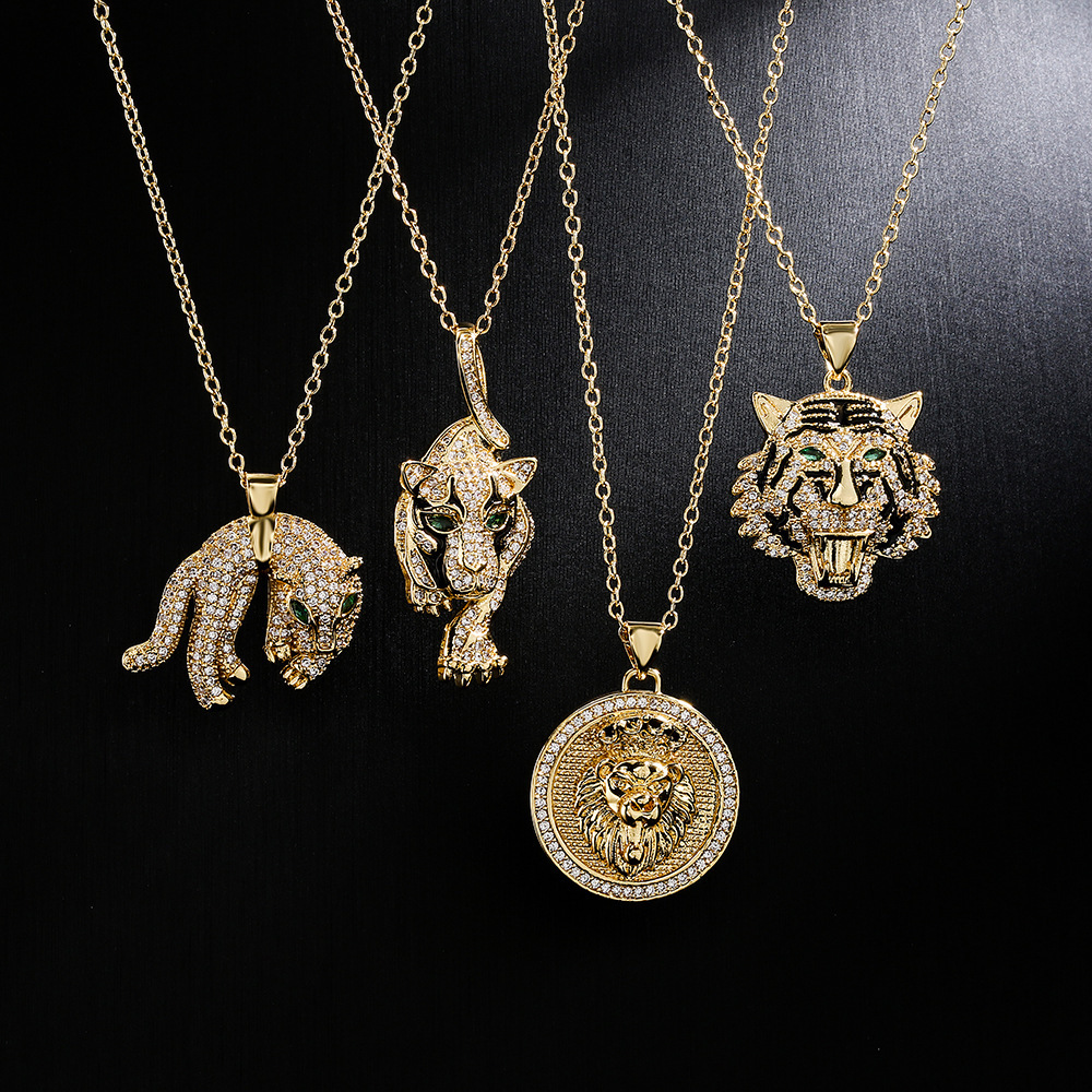 Hip Hop Tiger Leopard Lion Pendant Copper 18K Gold Zircon Animal Necklace