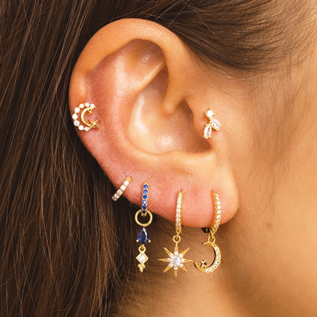 Awn Star Moon Asymmetric Full Diamond Ear Ring