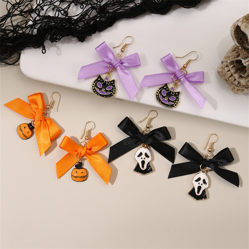 Bowknot Ribbon Pumpkin Head Earrings Halloween Female Accessories