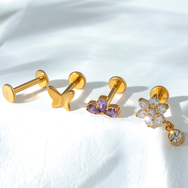 Titanium Alloy Inlaid Zircon Flower Love Heart Star Internal Screw Labret Puncture Ear Bone Stud